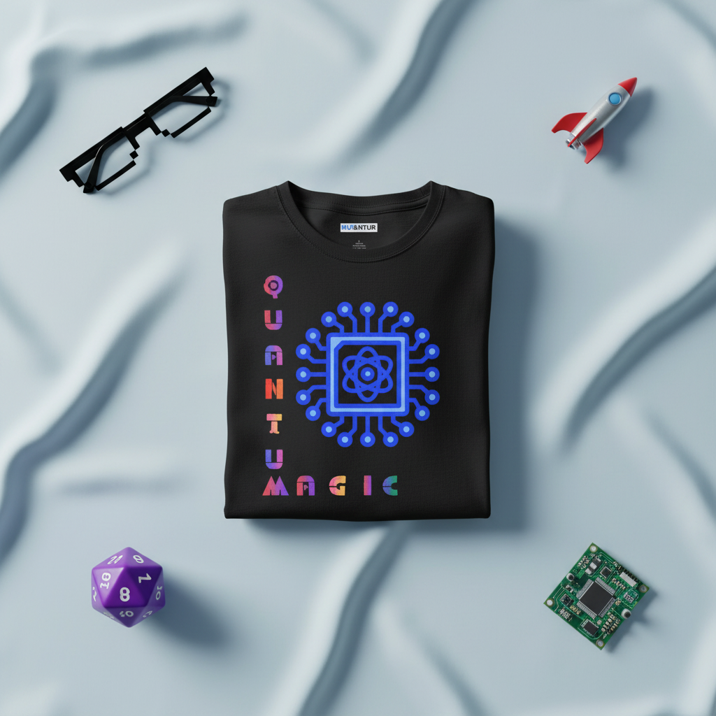 Quantum Magic circuit atom science tech graphic tee, close-up of design detail