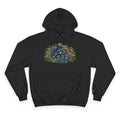 A black pullover hoodie featuring a detailed graphic of a blue raven and a dragon surrounded by green pine boughs  A small blue Champion 'C' logo is visible on the left sleeve cuff. against a white background