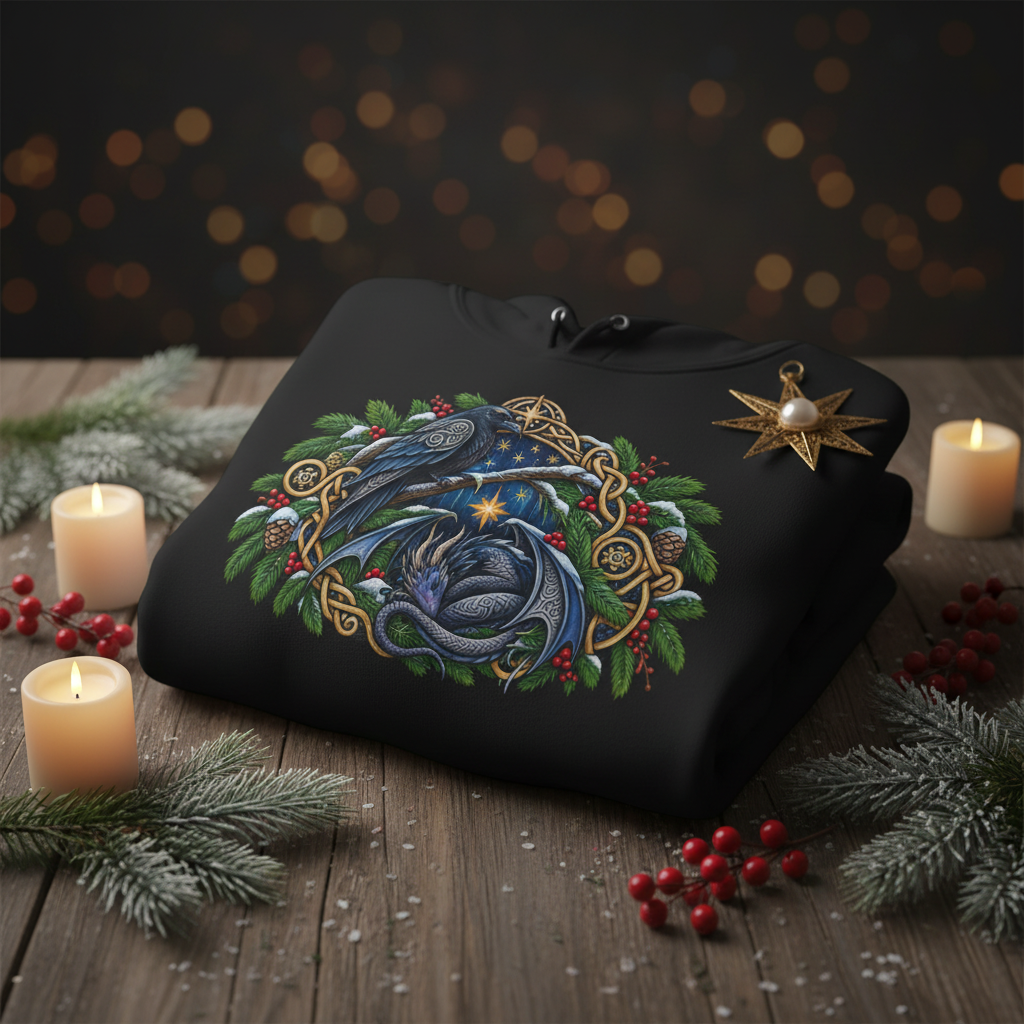 Celtic-Inspired Raven & Dragon Champion Hoodie — Fantasy Holiday Sweatshirt
