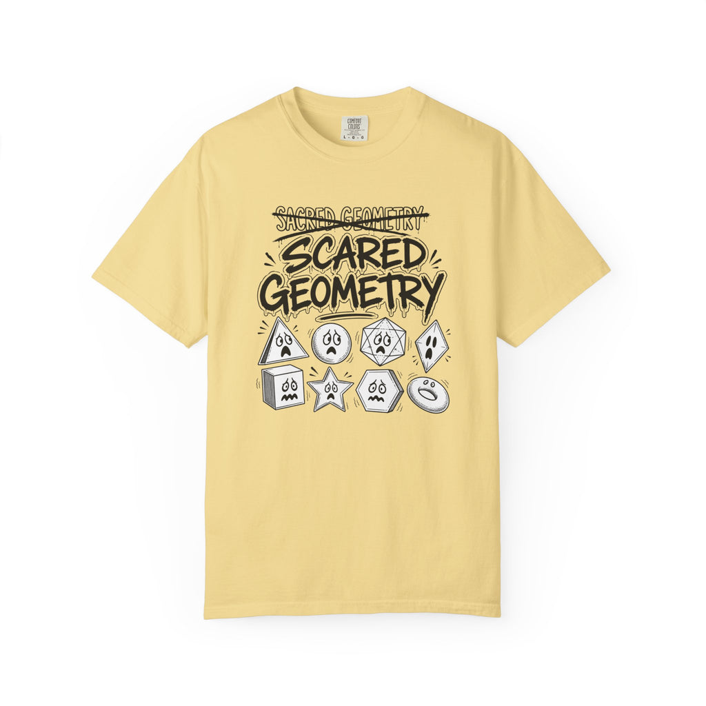 A pale yellow short-sleeve t-shirt with a graphic on the front that reads 'SCARED GEOMETRY' in black stylized text above various cartoonier geometric shapes, shown on a plain white background.