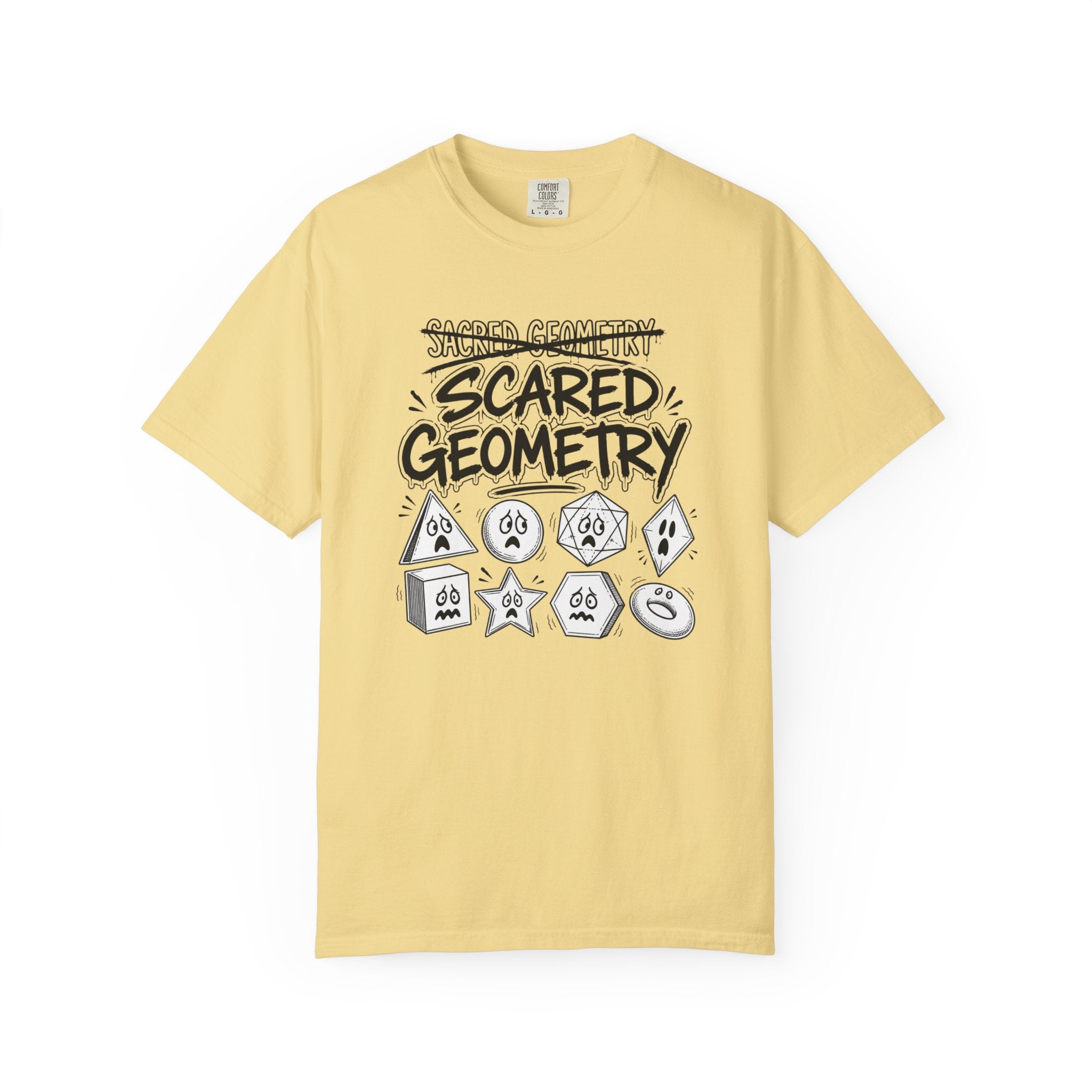 A pale yellow short-sleeve t-shirt with a graphic on the front that reads 'SCARED GEOMETRY' in black stylized text above various cartoonier geometric shapes, shown on a plain white background.