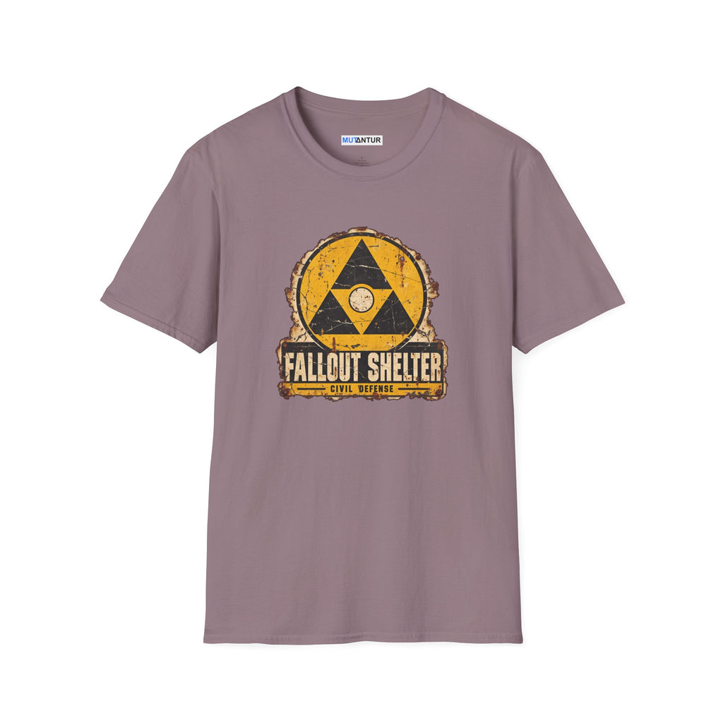 A light purple crew neck shirt with a vintage graphic depicting a  yellow and black  Fallout Shelter design with the words Civil Defense at the bottom against a white background