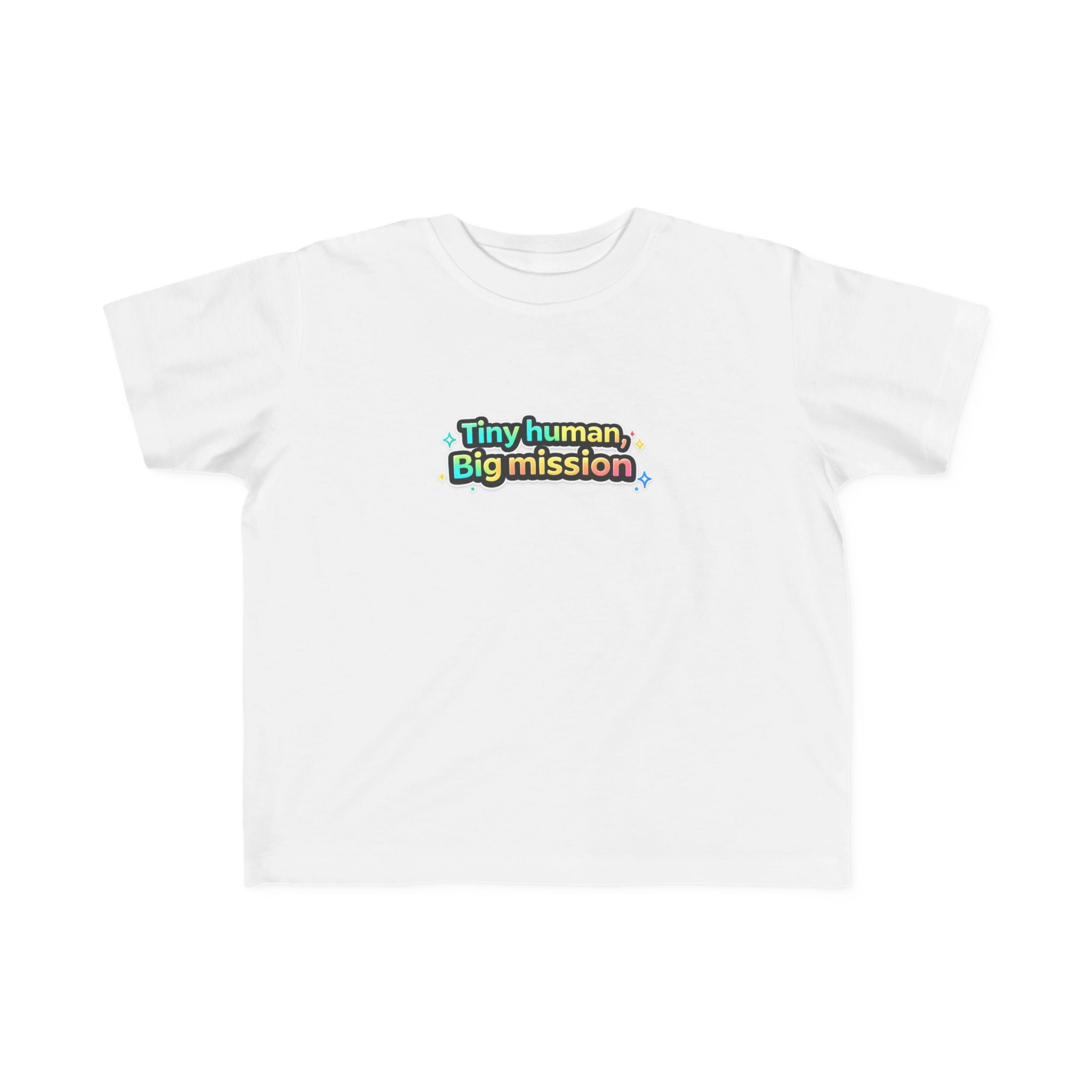 Tiny Human Big Mission Toddler T-Shirt — Colorful Sci-Fi Kids Graphic Tee