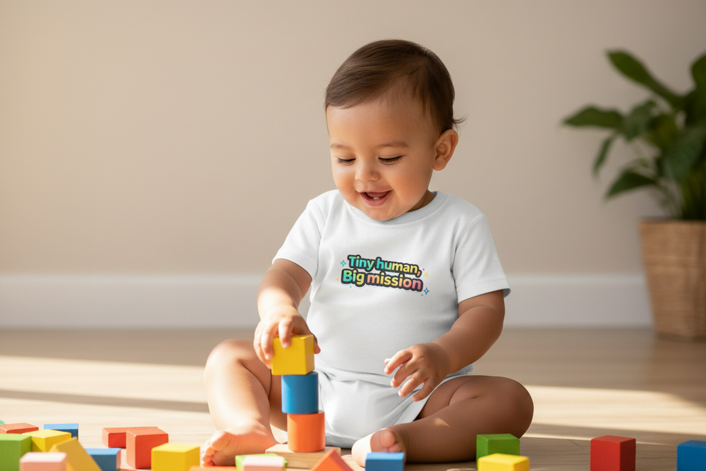 Tiny Human Big Mission Toddler T-Shirt — Colorful Sci-Fi Kids Graphic Tee