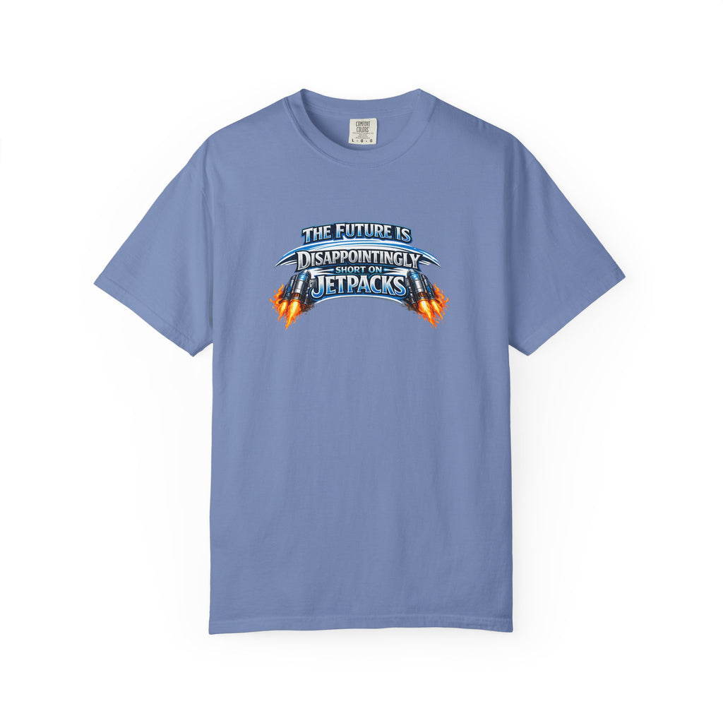 A light blue short-sleeve crewneck t-shirt featuring a graphic print on the chest that reads 'THE FUTURE IS DISAPPOINTINGLY SHORT ON JETPACKS' in stylized blue and orange lettering with flame effects.