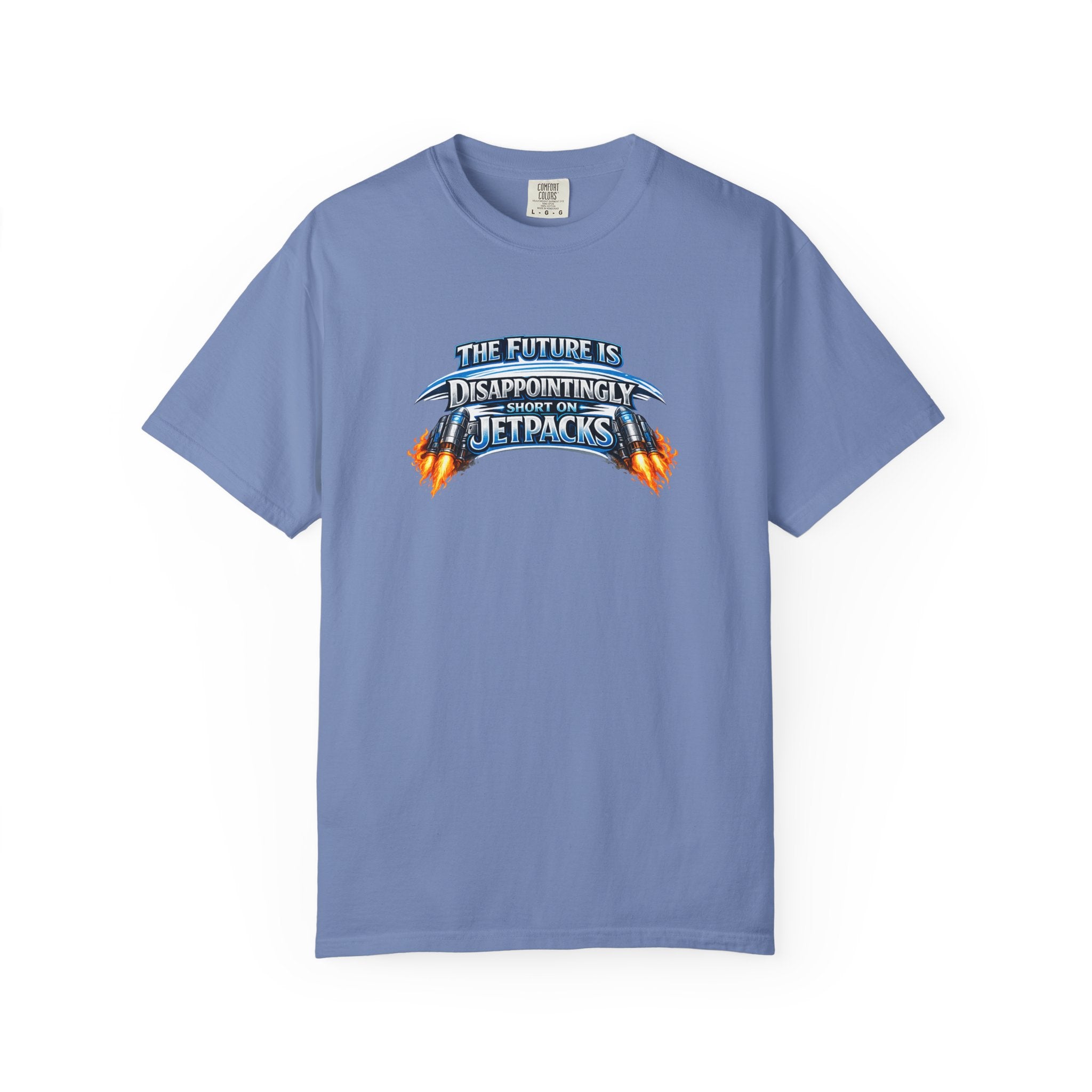 A light blue short-sleeve crewneck t-shirt featuring a graphic print on the chest that reads 'THE FUTURE IS DISAPPOINTINGLY SHORT ON JETPACKS' in stylized blue and orange lettering with flame effects.