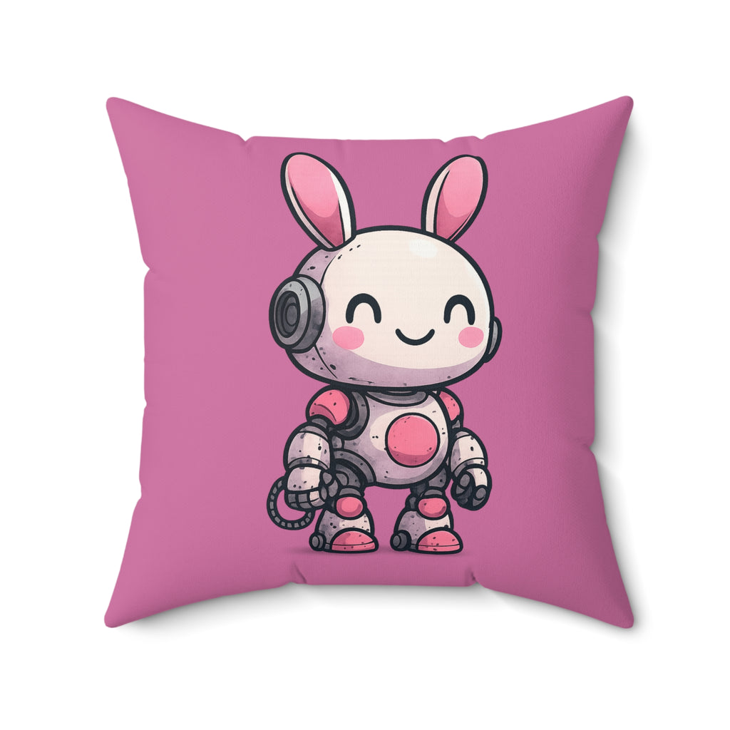 Happy Pink Robot Pillow – Whimsical Robot Bunny Square Throw Pillow