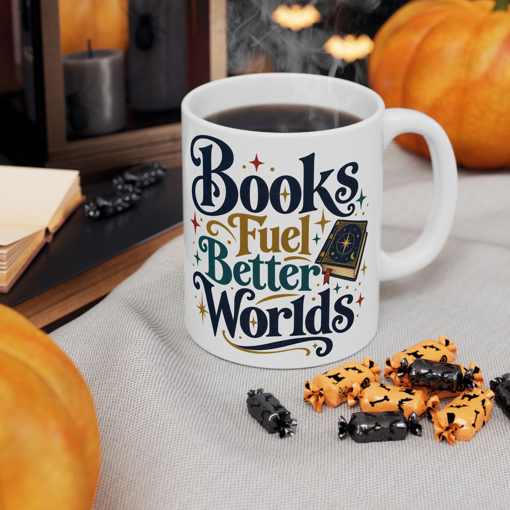 A white ceramic coffee mug with the phrase 'Books Fuel Better Worlds' in stylized navy and teal lettering, surrounded by autumn props including pumpkins, candy, and books on a table.
