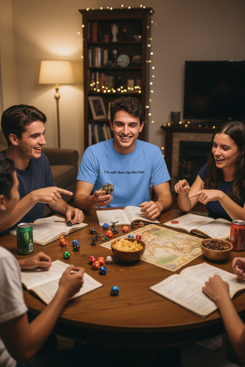 I'm Only Here for the Loot minimal text graphic tee in carolina blue, styled photo of a man playing a tabletop RPG with friends