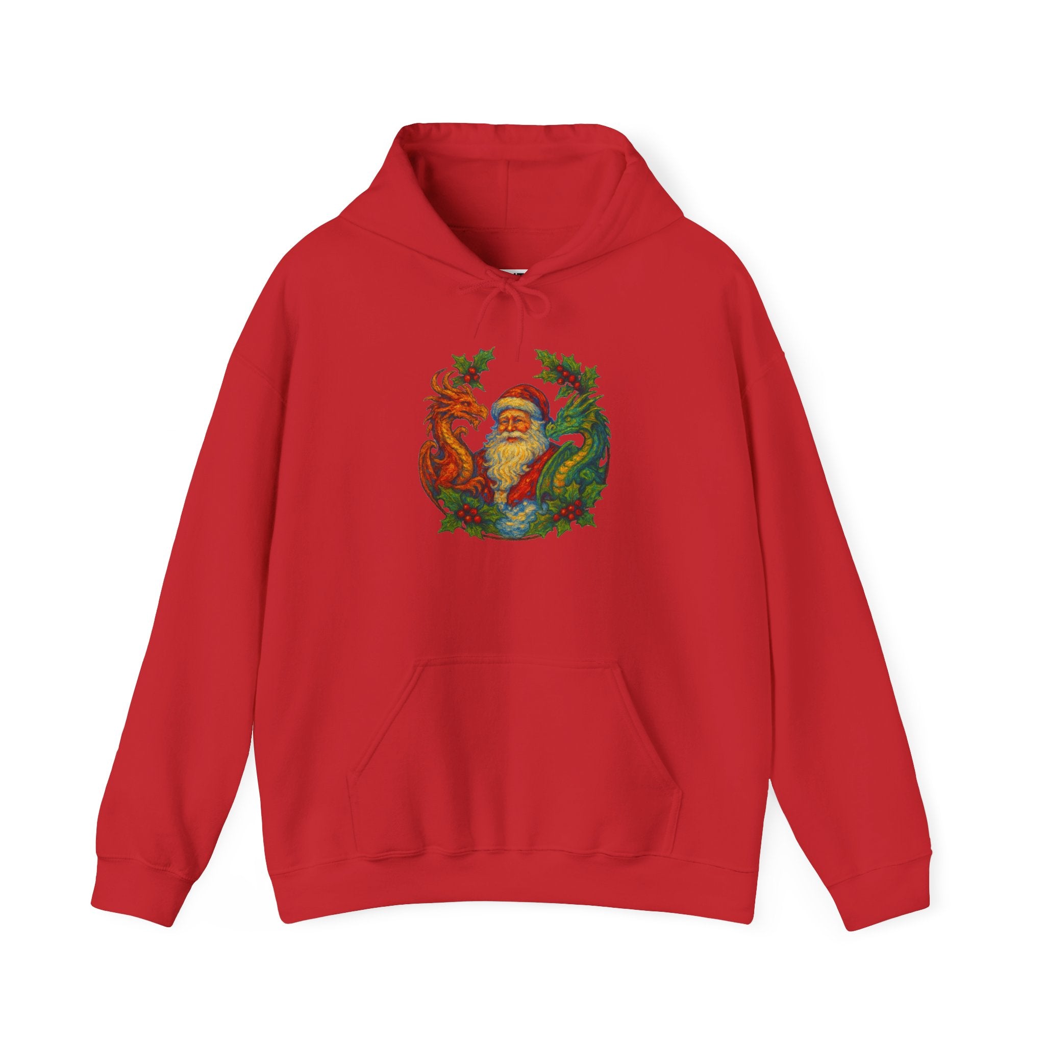 A red pullover hoodie with a colorful graphic of Santa Claus surrounded by two green dragons on the chest, displayed on a clean white background.