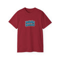 Red t-shirt with 'mildly heroic' text on a white background