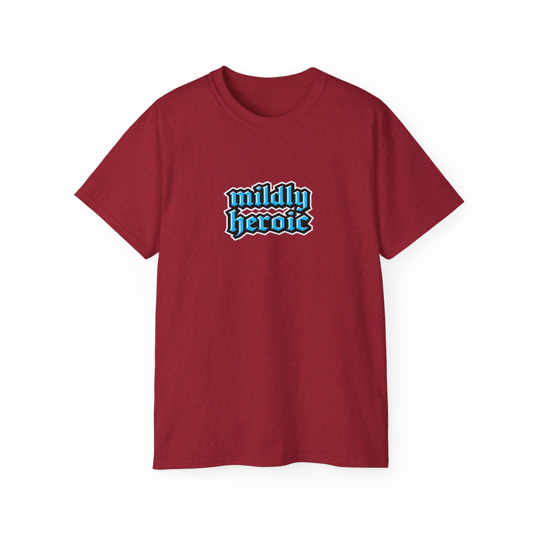 Red t-shirt with 'mildly heroic' text on a white background