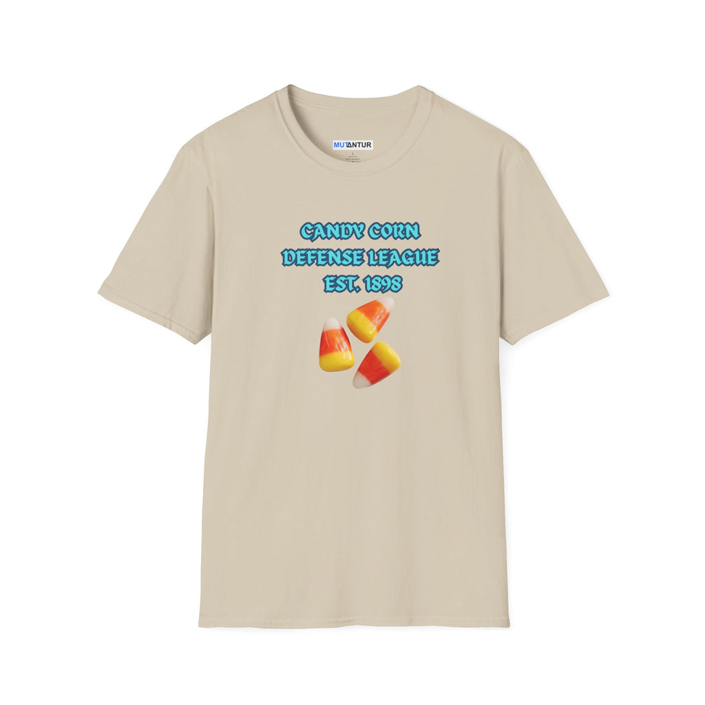 A beige short-sleeve t-shirt with a graphic on the chest that reads 'CANDY CORN DEFENSE LEAGUE EST. 1988'