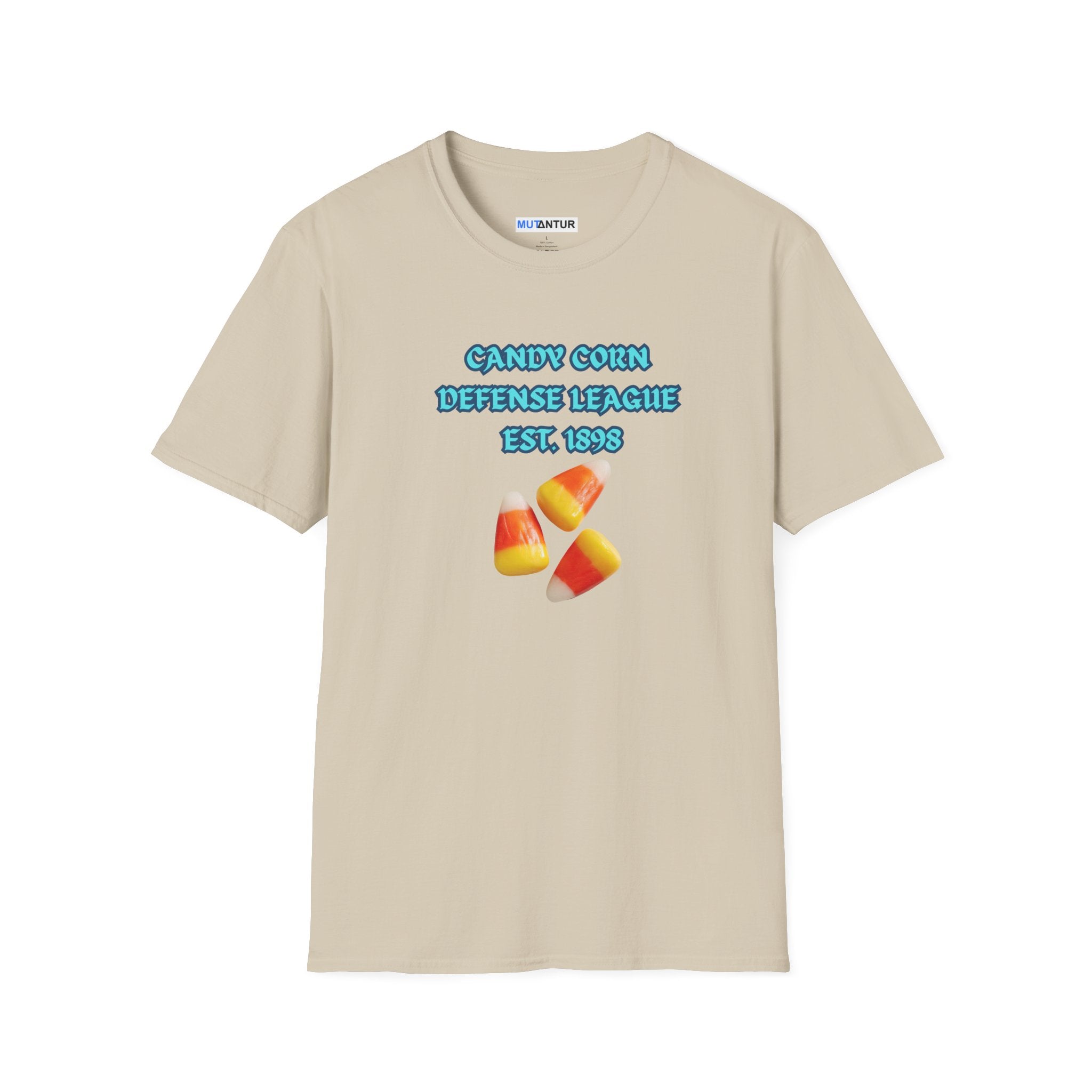 A beige short-sleeve t-shirt with a graphic on the chest that reads 'CANDY CORN DEFENSE LEAGUE EST. 1988'
