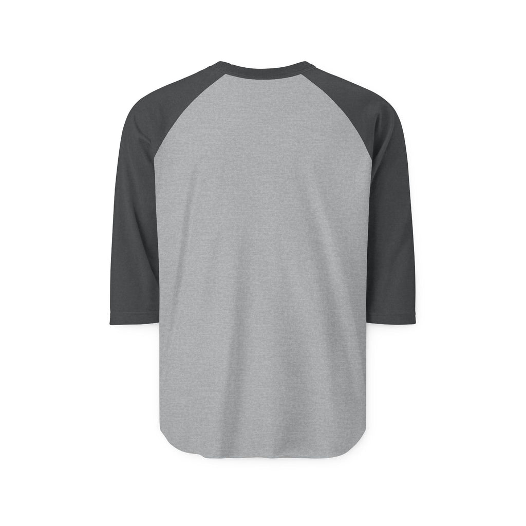 Back of a Gray baseball shirt with black sleeves on a white background