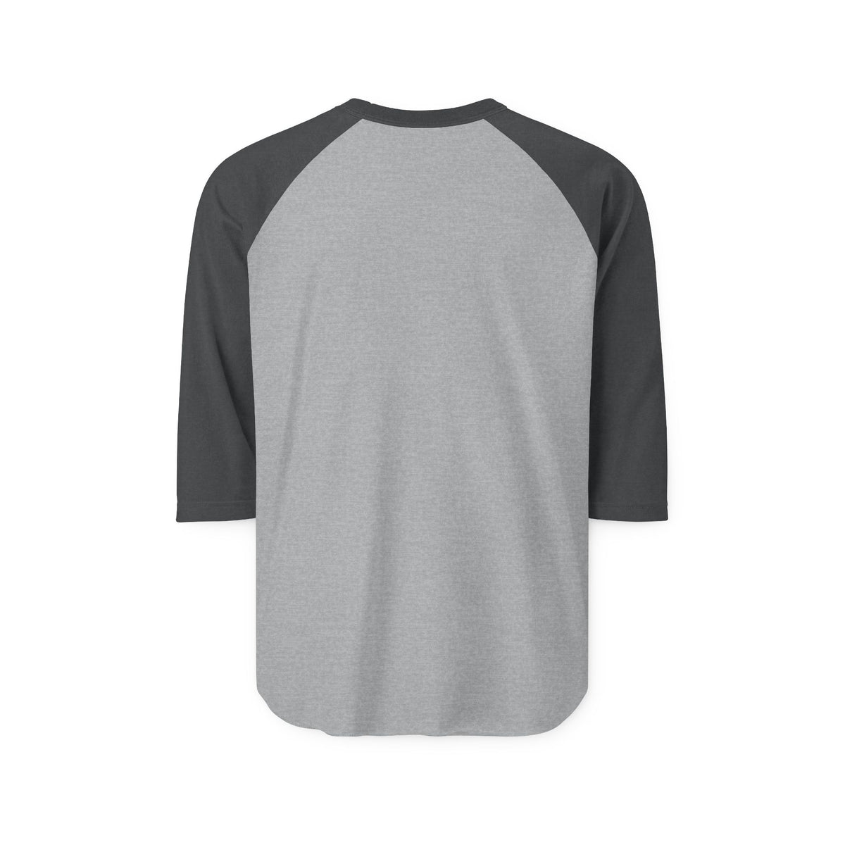 Back of a Gray baseball shirt with black sleeves on a white background