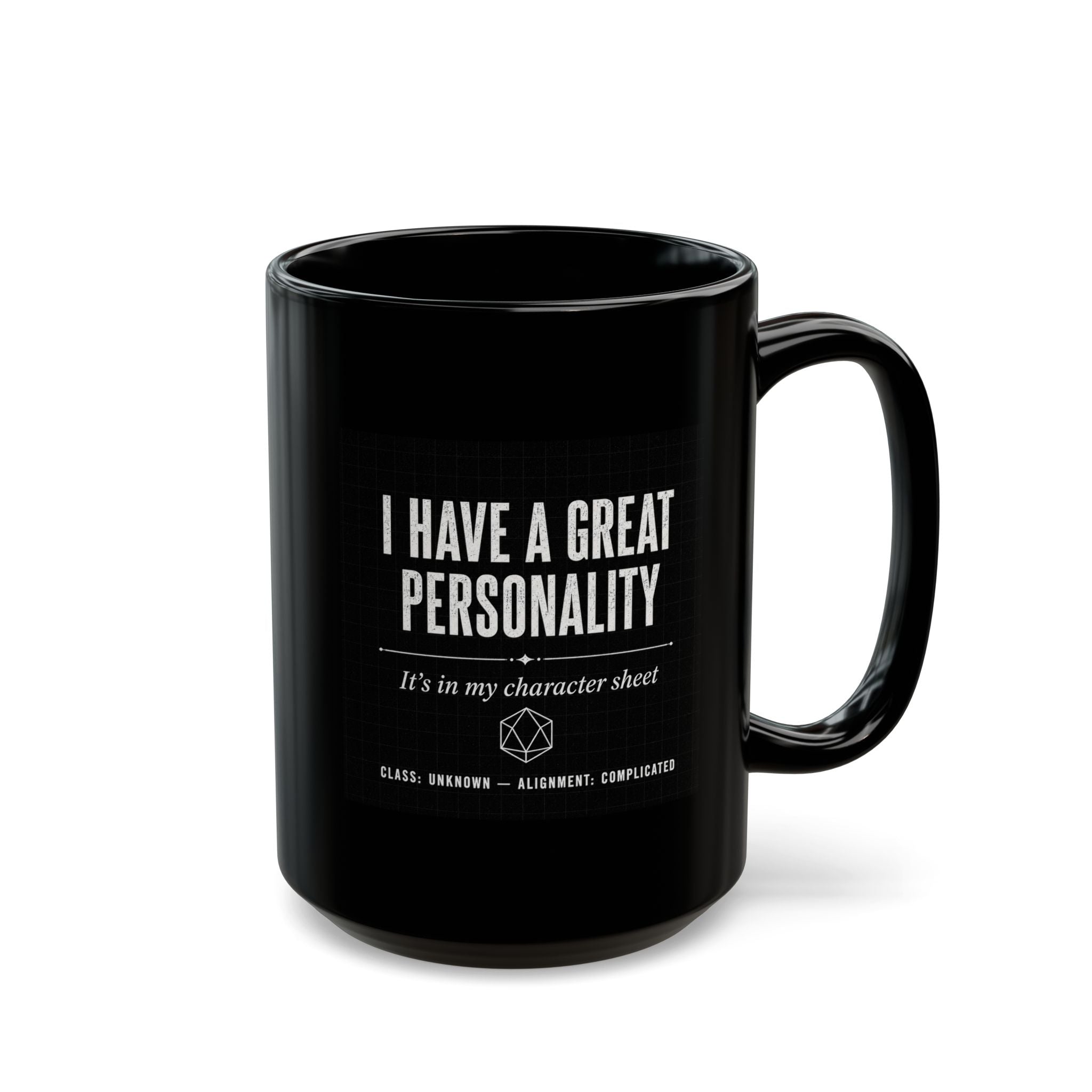 Mug — "I Have a Great Personality" RPG Character Sheet Coffee Mug (Black, 15oz)