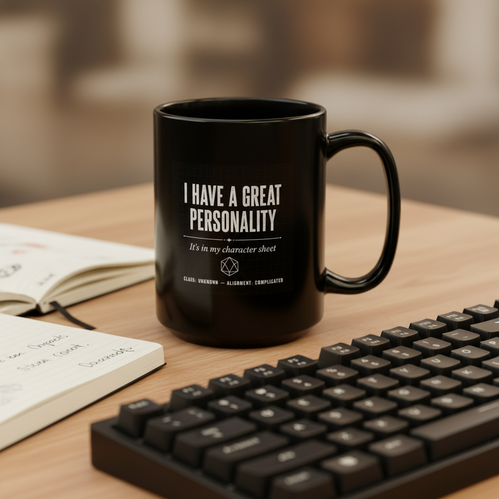 Mug — "I Have a Great Personality" RPG Character Sheet Coffee Mug (Black, 15oz)
