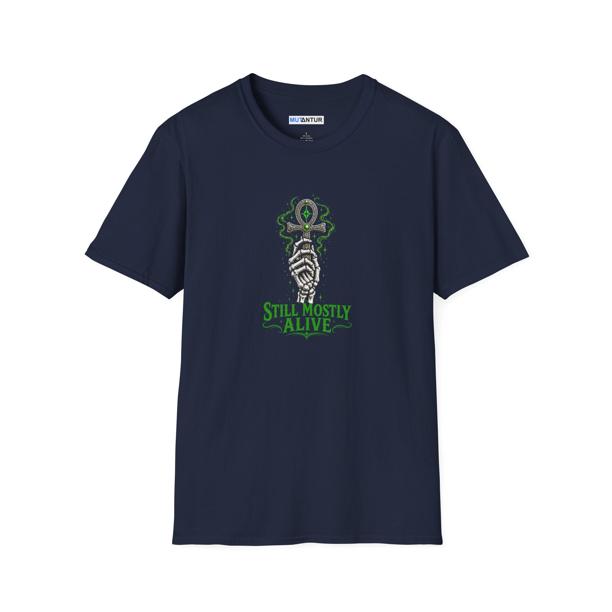 Navy Blue shirt with skeleton hand holding an Ankh with the words Still Mostly alive