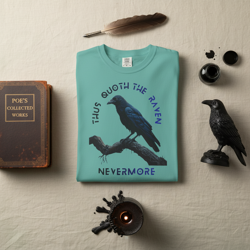 Quoth the Raven Nevermore Poe literary raven graphic tee, front view