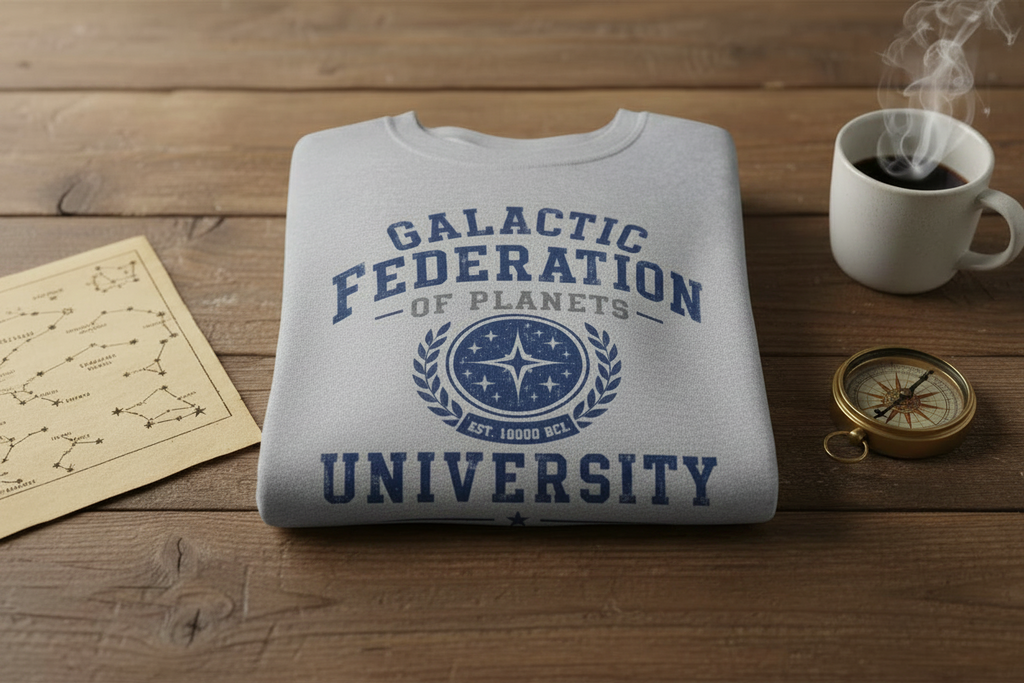 Heather grey crewneck sweatshirt with Galactic Federation of Planets University crest graphic, flat mockup