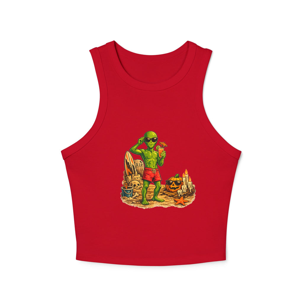 Red tank top with a graphic of a green alien drinking a cocktail on a white background