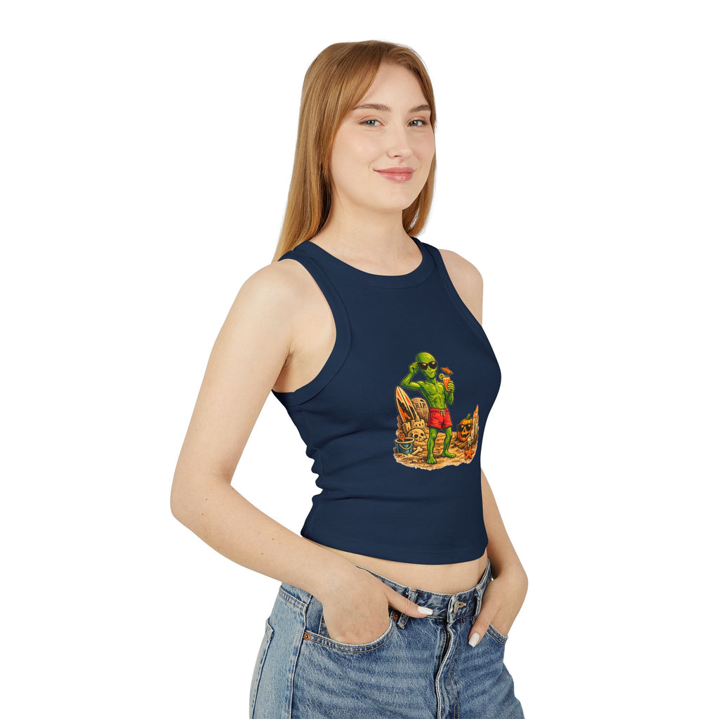 Alien on Vacation Crop Tank Top — Retro Summerween Beach Graphic