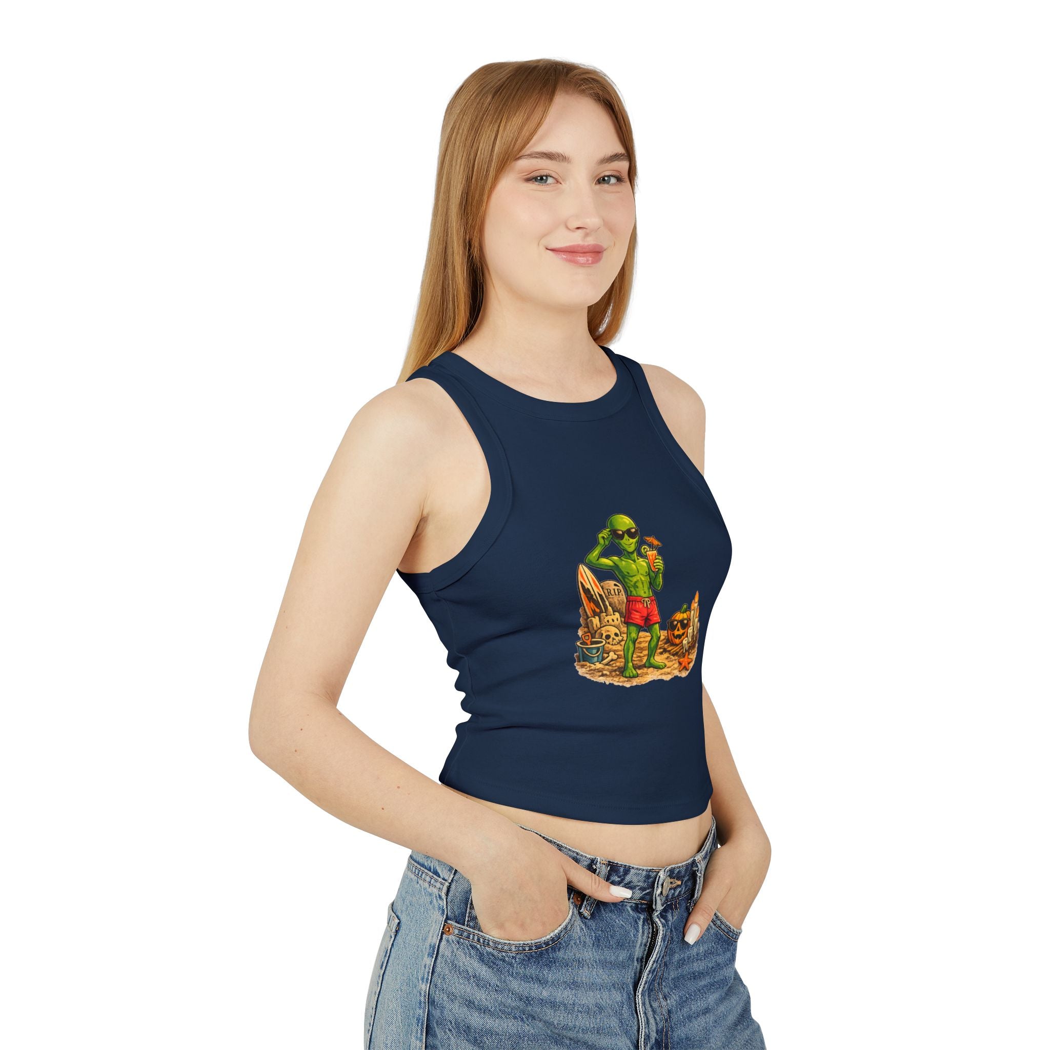 Alien on Vacation Crop Tank Top — Retro Summerween Beach Graphic