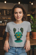 Retro Steampunk Robot Crop Top – Green Sci-Fi Graphic Top - Mutantur Labs LLC