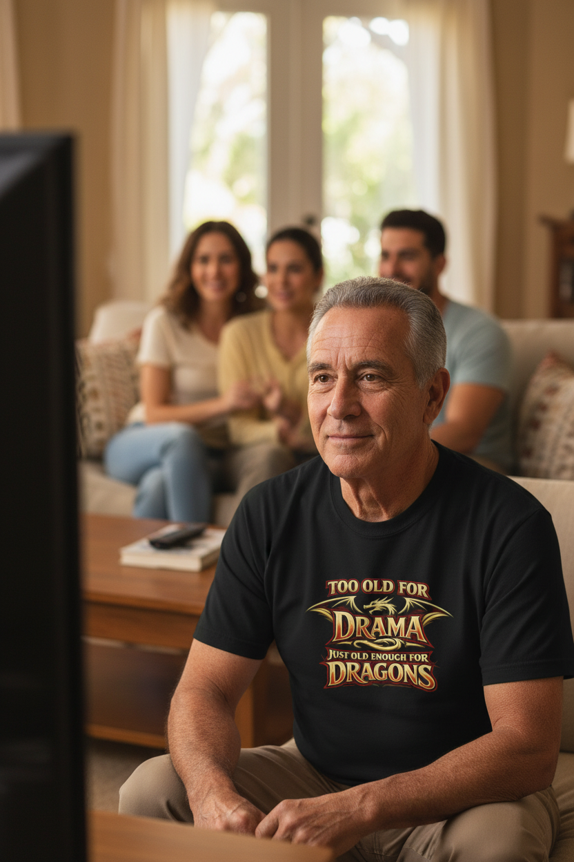 An black short-sleeve crewneck t-shirt featuring a graphic print on the chest that reads 'TOO OLD FOR DRAMA BUT OLD ENOUGH FOR DRAGONS' in a stylized gold and black dragon-themed font.
