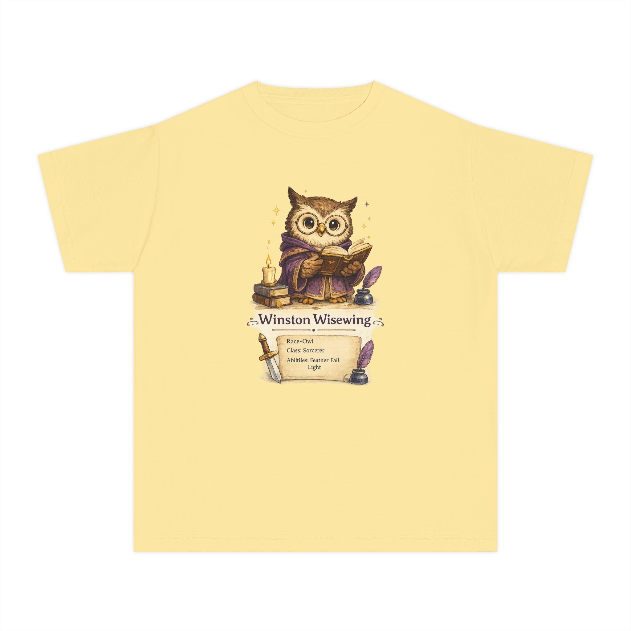 Yellow t-shirt with an owl graphic and 'Winston Wisewing' text on a white background