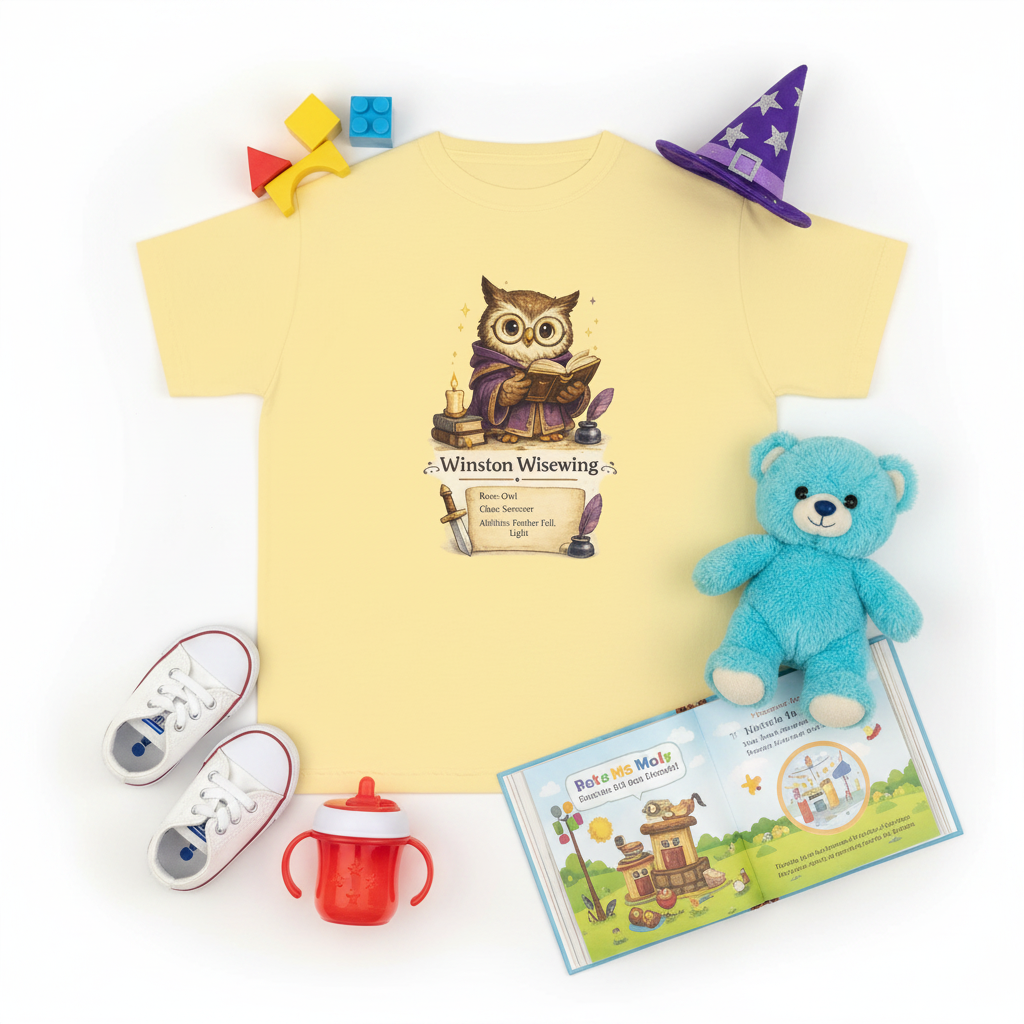 Yellow t-shirt with an owl graphic and 'Winston Wisewing' text on a white background