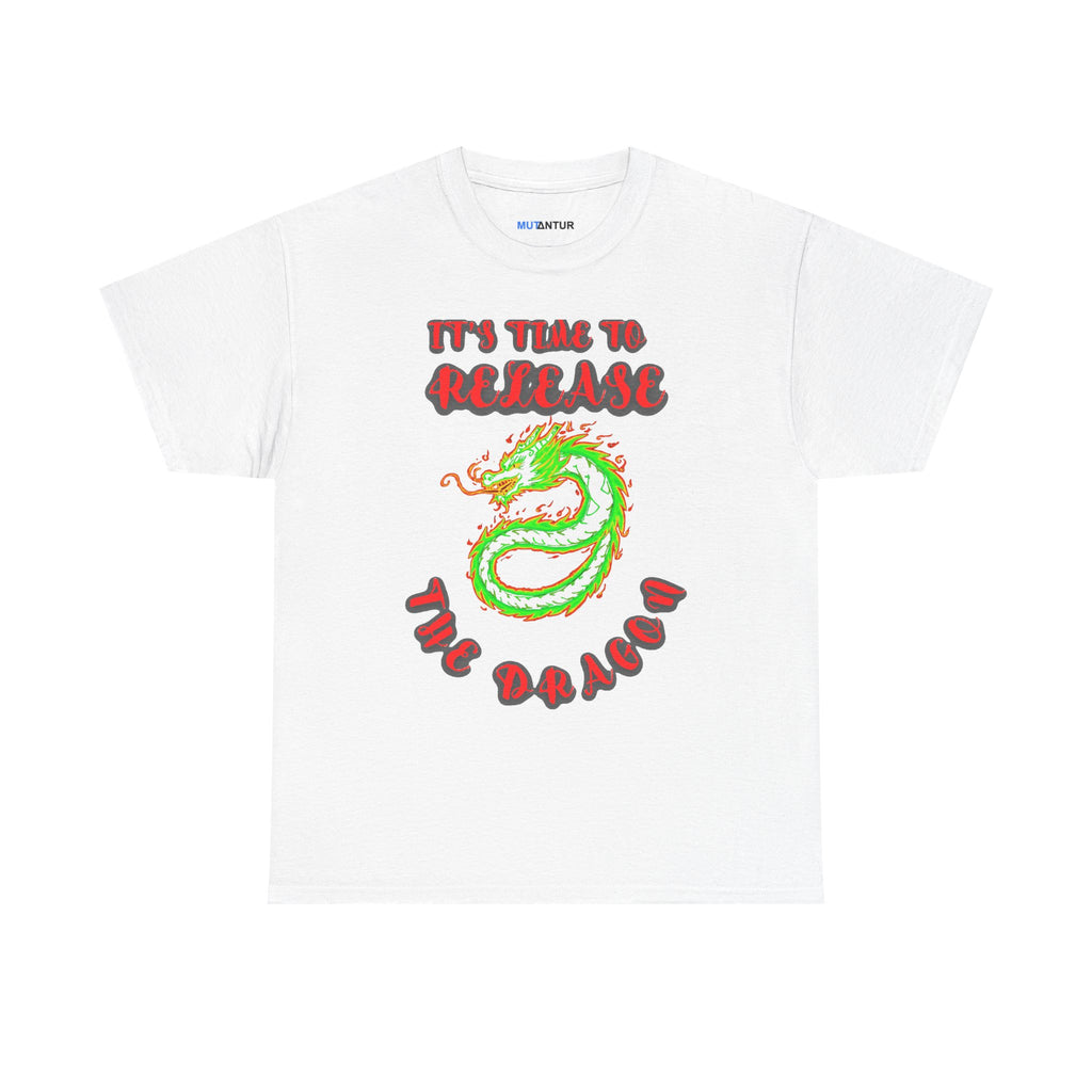It's Time to Release the Dragon green fire dragon graphic t-shirt in white, front view