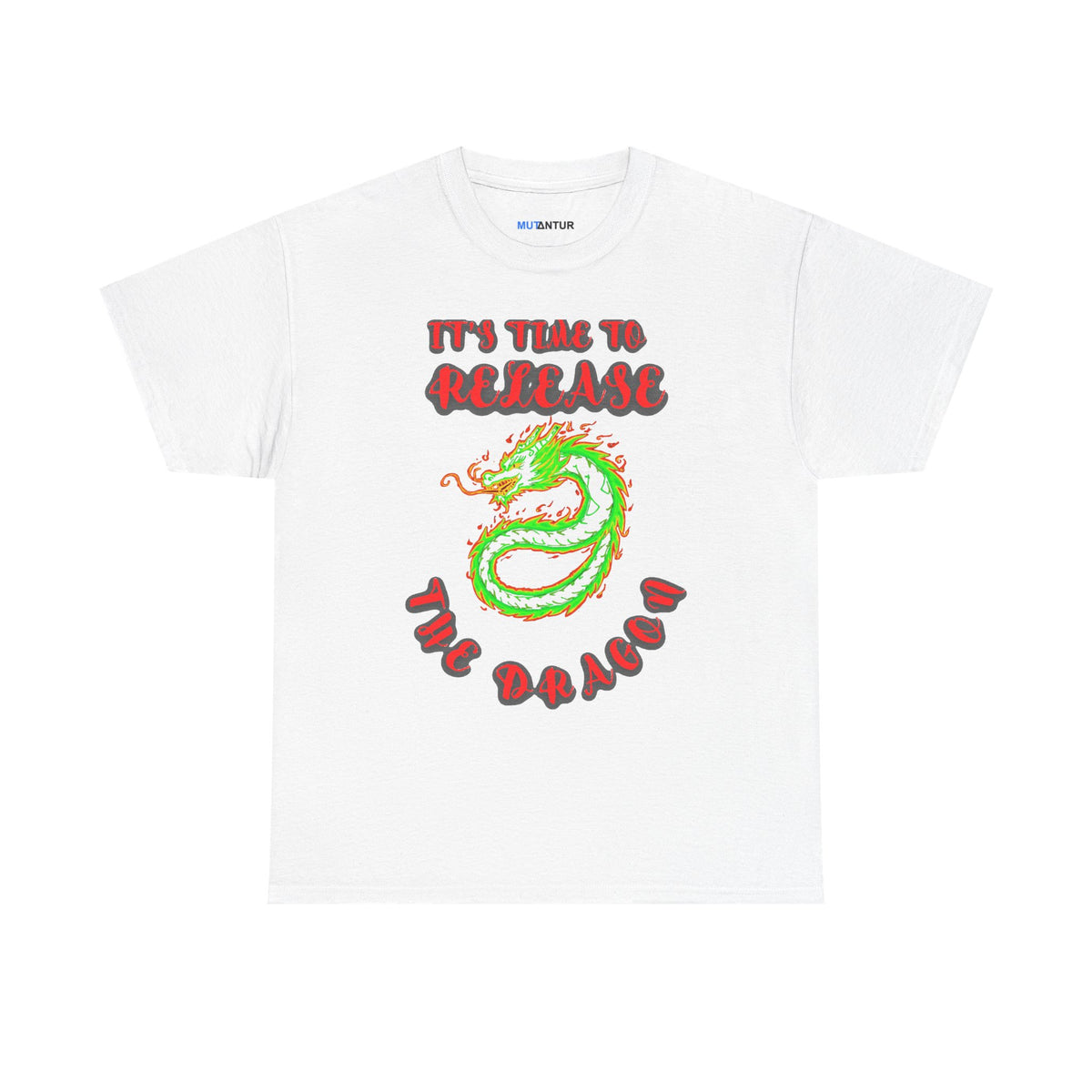 It's Time to Release the Dragon green fire dragon graphic t-shirt in white, front view