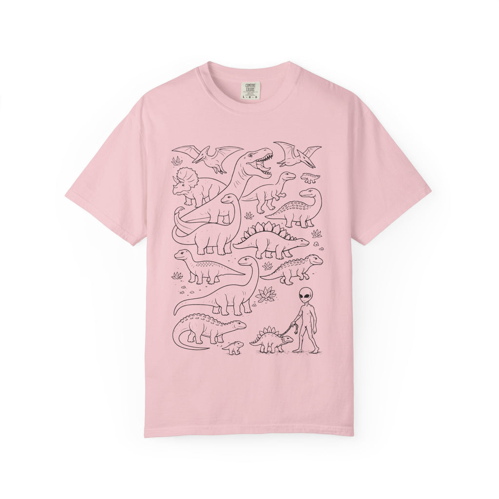 Alien and Dinosaur T-Shirt | Funny Line Art Graphic Tee - Mutantur Labs LLC