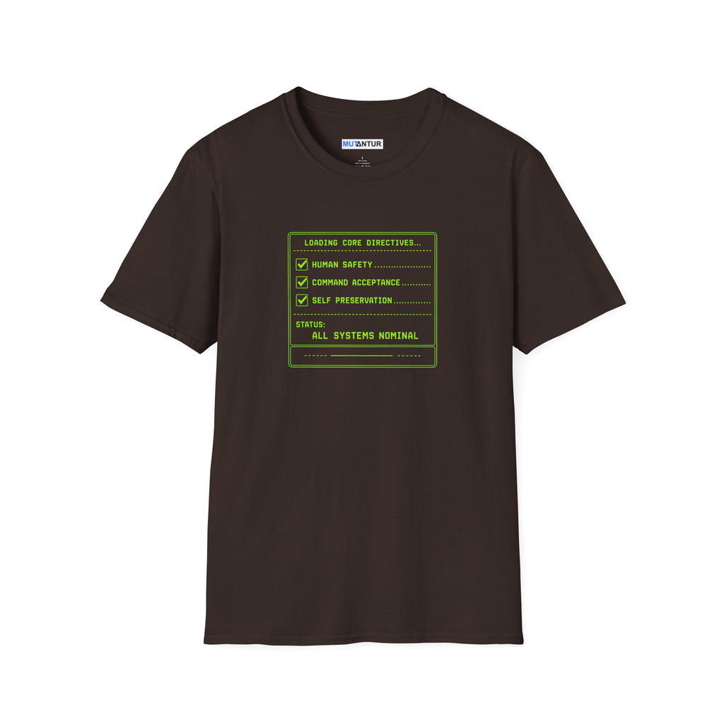 Brown short sleeved t shirt with a Computer graphic Design Loading Core Directives All Systems normal in neon green