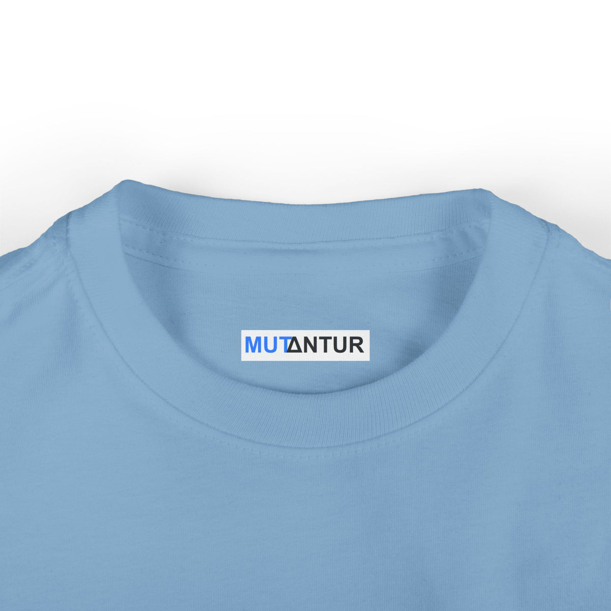 Close-up of a light blue crewneck t-shirt showing the inner neck label with the brand name 'MUTANTUR' printed on it.