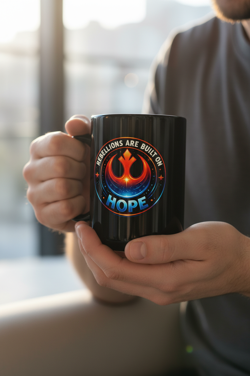 Hope Emblem Mug — Sci Fi Rebellion-Inspired Black Ceramic Coffee Mug - Mutantur Labs LLC