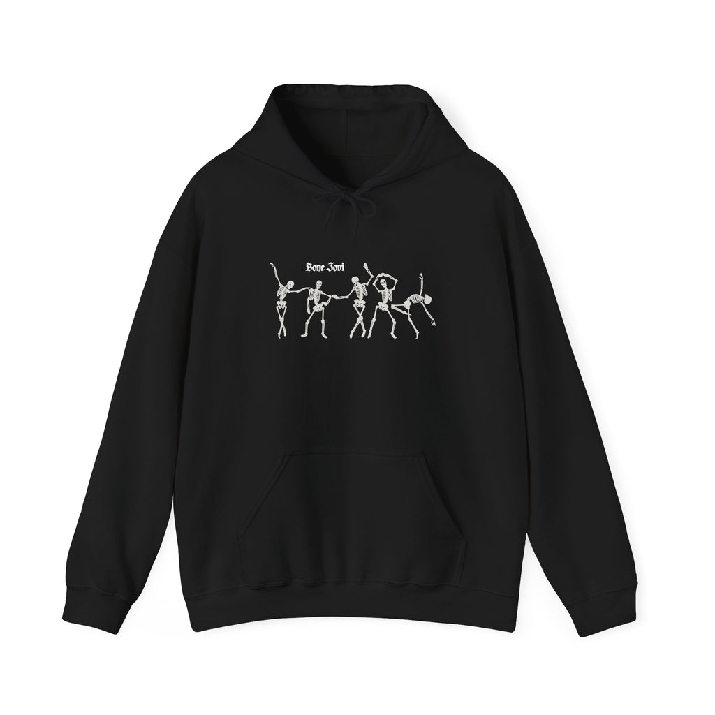 Black hoodie with 6 dancing white skeletons with the words Bone Jove against a white background