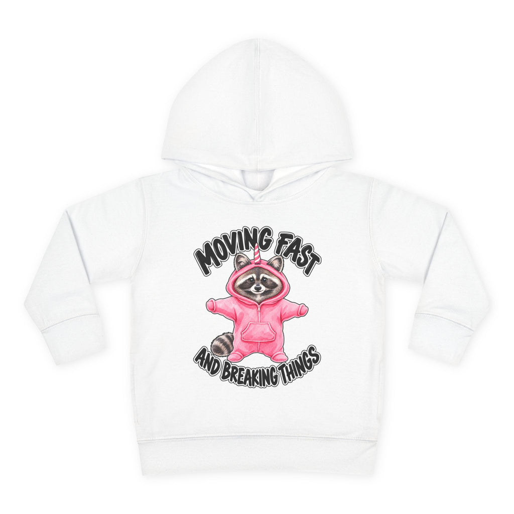 white childrens  hoodie with black text that reads MOVING FAST AND BREAKING THINGS around a racoon dressed in a pink onesie with a unicorn horn against a white background