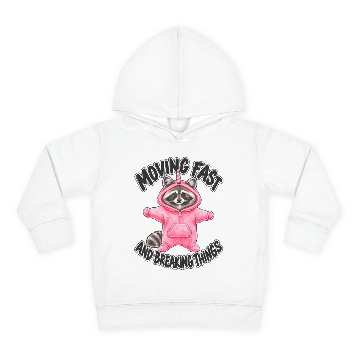 white childrens  hoodie with black text that reads MOVING FAST AND BREAKING THINGS around a racoon dressed in a pink onesie with a unicorn horn against a white background