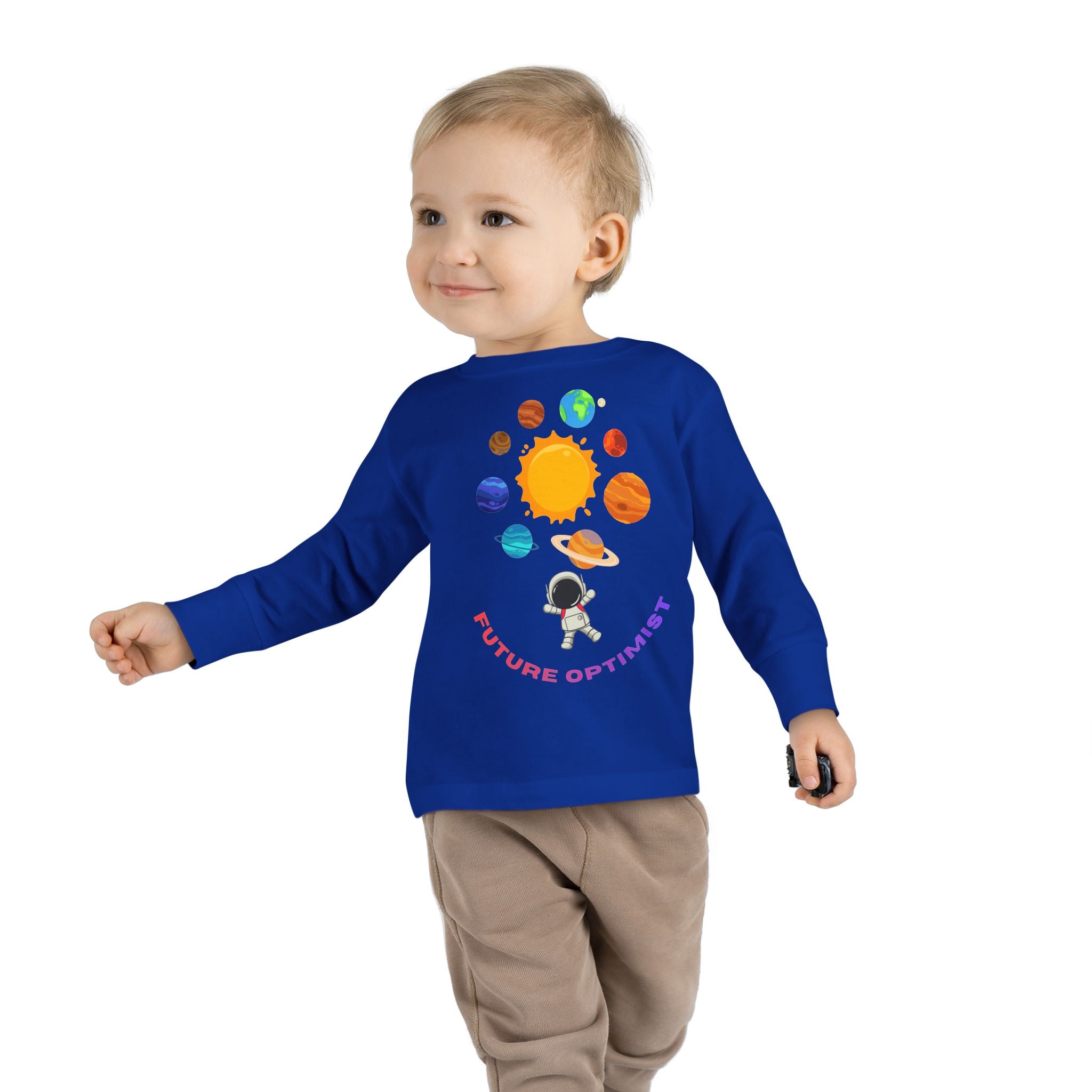 Future Optimist Astronaut toddler long sleeve tee | Solar System planets design - Mutantur Labs LLC