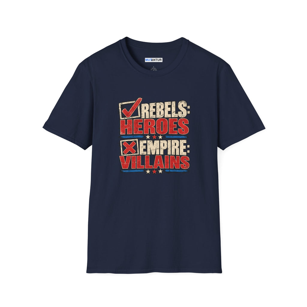 A navy blue short-sleeve t-shirt with a distressed graphic on the chest reading 'REBELS HEROES EMPIRE VILLAINS' in red, beige, and white, displayed on a clean white background.