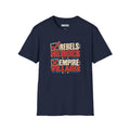 A navy blue short-sleeve t-shirt with a distressed graphic on the chest reading 'REBELS HEROES EMPIRE VILLAINS' in red, beige, and white, displayed on a clean white background.