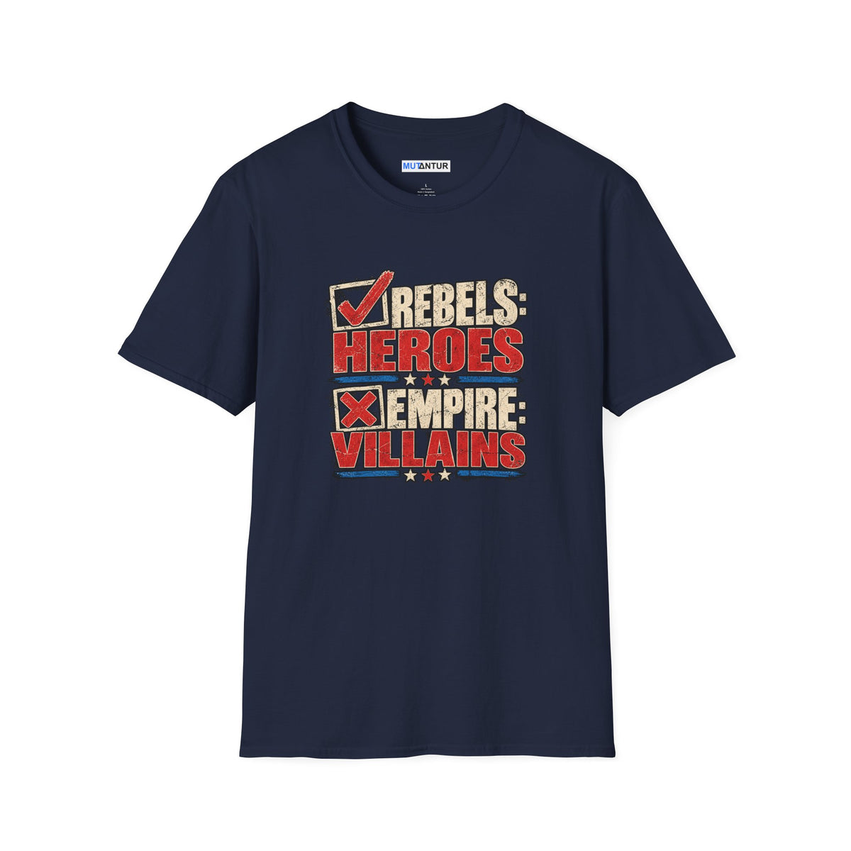 A navy blue short-sleeve t-shirt with a distressed graphic on the chest reading 'REBELS HEROES EMPIRE VILLAINS' in red, beige, and white, displayed on a clean white background.