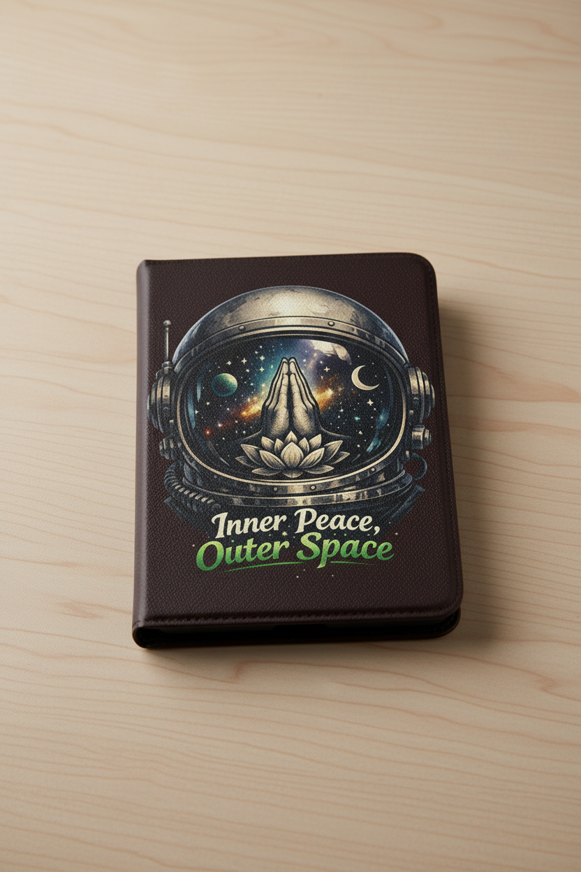 Kindle case featuring an astronaut-helmet meditation design with the text 'Inner Peace, Outer Space.'
