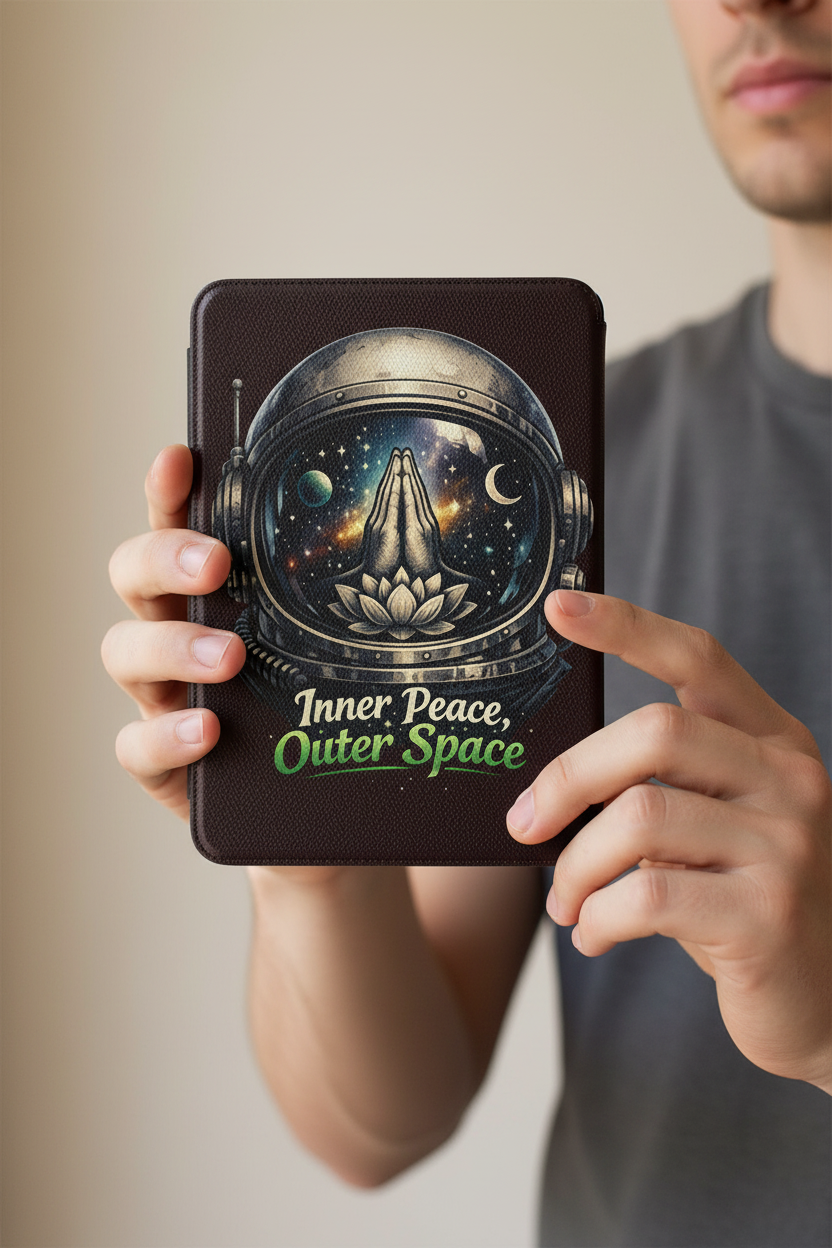 Kindle case featuring an astronaut-helmet meditation design with the text 'Inner Peace, Outer Space.'