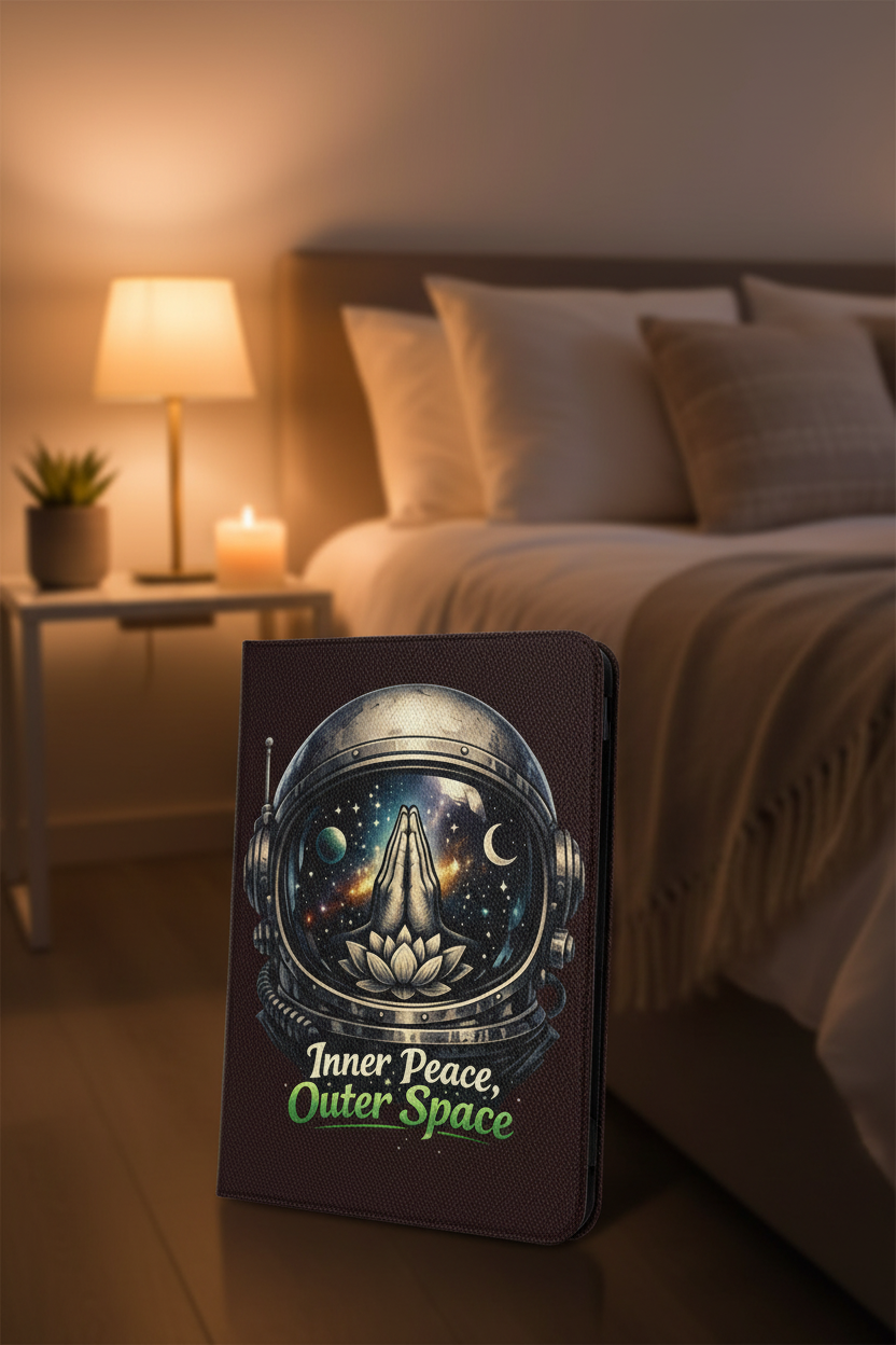 Kindle case featuring an astronaut-helmet meditation design with the text 'Inner Peace, Outer Space.'