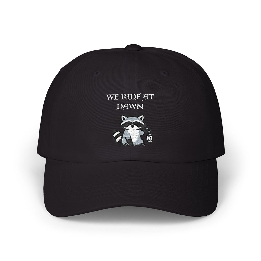 Raccoon Holding Lamp We Ride At Dawn Dad Cap | Classic Fantasy embroidered Baseball Hat - Mutantur Labs LLC