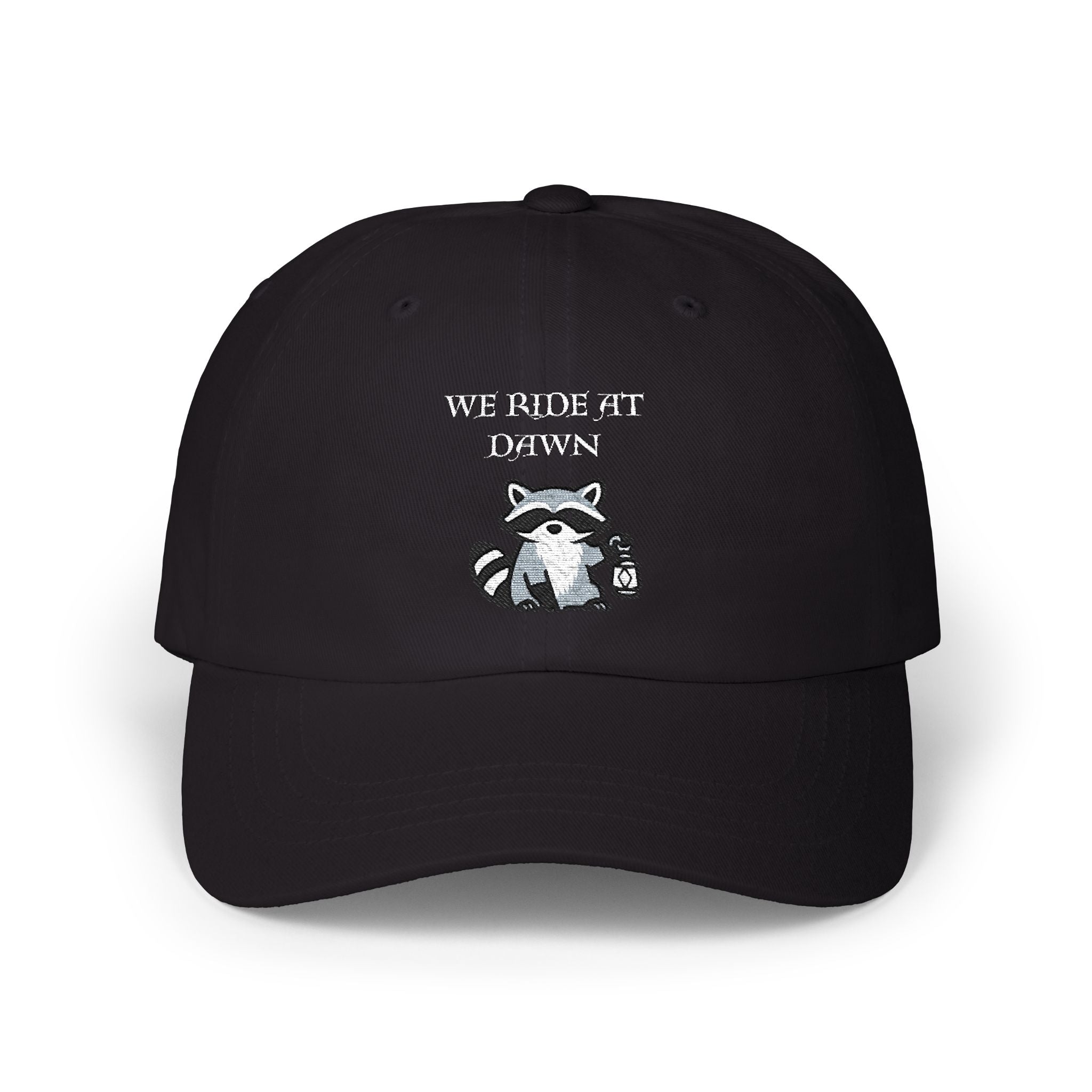 Raccoon Holding Lamp We Ride At Dawn Dad Cap | Classic Fantasy embroidered Baseball Hat - Mutantur Labs LLC